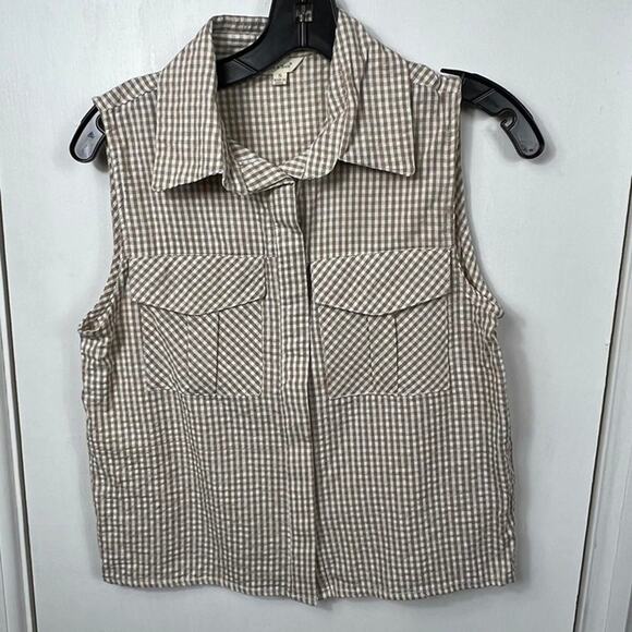 Sim & Sam Brown Gingham Sleeveless Button-Up Tank – Cotton, Size Small, NWOT - Picture 2 of 8
